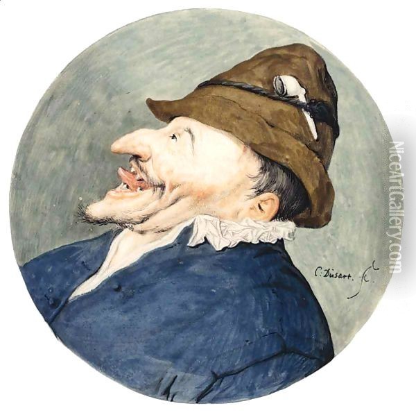 Caricature Head Of A Man With A Pipe In His Hat, Sticking Out His Tongue Oil Painting - Cornelis Dusart