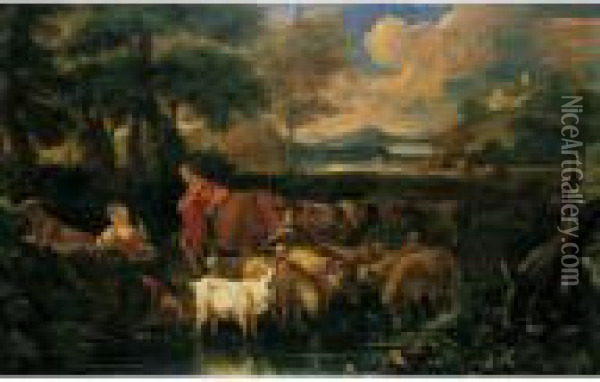 An Arcadian Landscape With A Shepherd And Shepherdess With Their Flocks Beside A Stream Oil Painting - Pieter the Younger Mulier