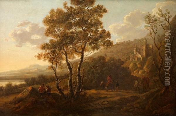 Bewaldete Landschaft Mit Burgruine Und Reitern Oil Painting - Willem de Heusch
