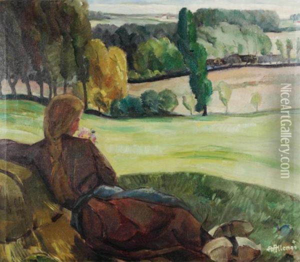 Girl Lying In A Field Oil Painting - Albert Alleman