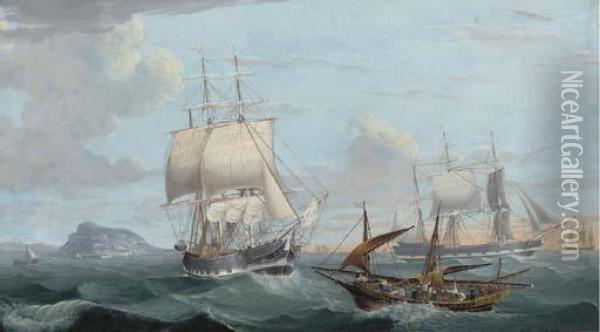 Merchant Shipping And A Mediterranean Pinke In Close Quarters Offgibraltar Oil Painting - William Hull