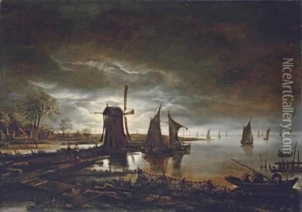 A Moonlit River Landscape With A Windmill And Fishing Boats Oil Painting - Aert van der Neer