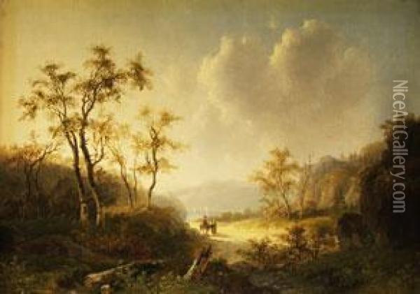 Herbstlandschaft Mit Hohlweg Zwischen Felsigen Anhohen Mitbirken Und Figurenstaffage Oil Painting - Barend Cornelis Koekkoek