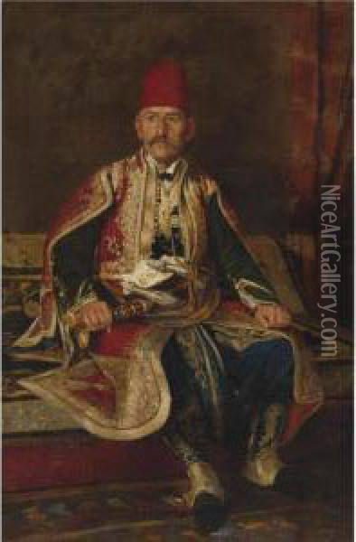 Turkish Noble Seated In A Carpeted Interior Oil Painting - Franz Leo Ruben