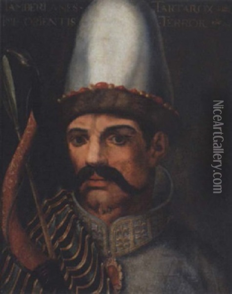 Portrait Of Tamerlane Holding A Bow And Arrow Oil Painting - Cristofano di Papi dell' Altissimo