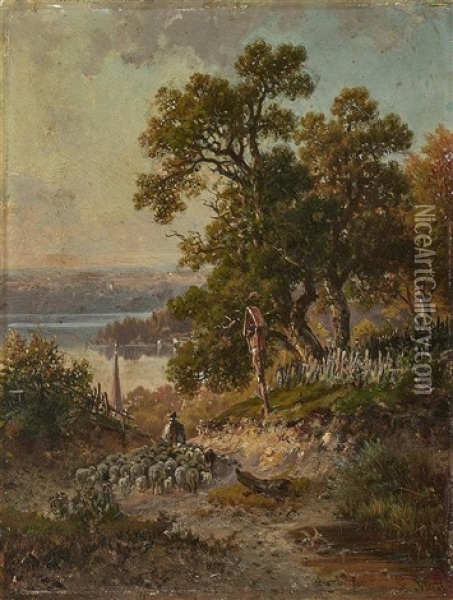 Shepherd At Lake Starnberg Oil Painting - Ludwig Sckell