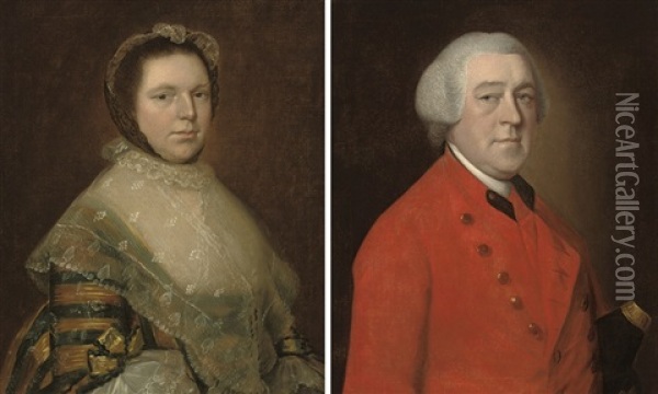 Portrait Of Elizabeth Prowse, Half-length, In A Blue And Gold Dress (+ Portrait Of Thomas Prowse (1708-1767), Of Compton Bishops, Half-length, In A Red Coat; Pair) Oil Painting - Thomas Gainsborough