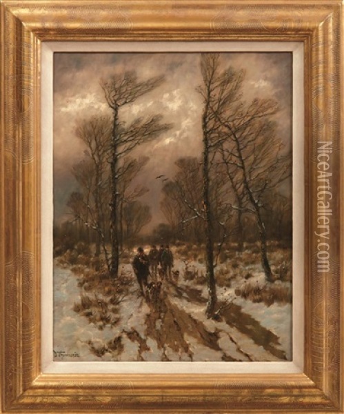 Jager Mit Ihren Hunden Im Winterwald Oil Painting - Desire Thomassin