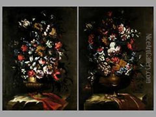 Stillleben Mit Blumen In Vase Auf Draperie Oil Painting - Mario Nuzzi Mario Dei Fiori