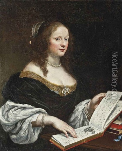 Portrait Of A Lady In A Blue Dress, A Pearl Necklace And Bracelets With An Open Book Of Music On The Table Oil Painting - Sebastien Bourdon