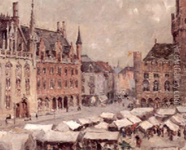 Market Day, Grand Palace, Bruges Oil Painting - Colin Campbell Cooper