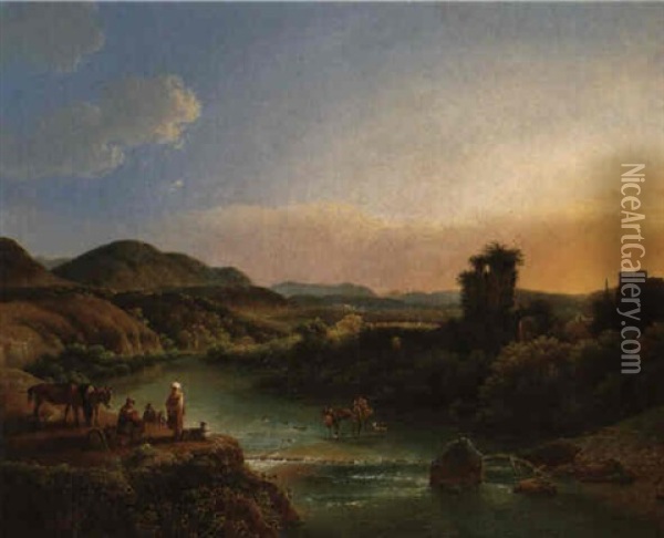 Peasants Resting On A Wooded Outcrop Above A River Oil Painting - Joseph Augustus Knip