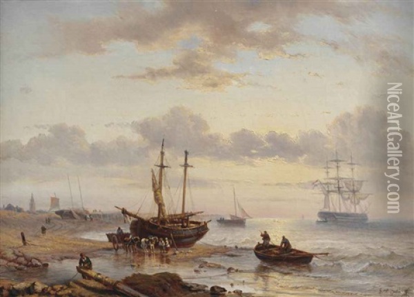 A Bomschuit And Horse Drawn Cart On The Beach Oil Painting - George Willem Opdenhoff
