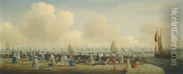 King George Iii Reviewing The Fleet At Spithead, Off Portsmouth Harbour Oil Painting - John Cleveley