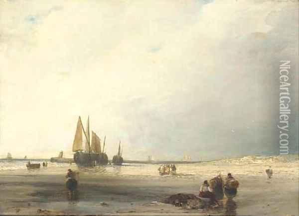 Fisherfolk on a beach at low tide Oil Painting - Richard Parkes Bonington