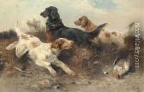 Setters With Game In A Landscape Oil Painting - Henry Schouten