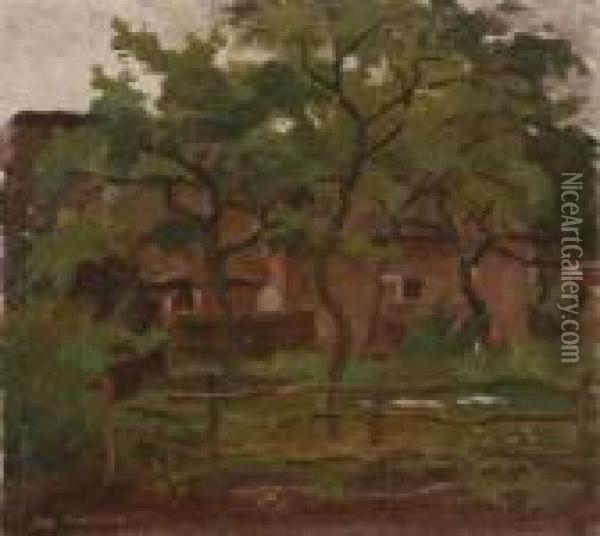 Farm Building In Het Gooi, Fence And Trees In The Foreground Oil Painting - Piet Mondrian