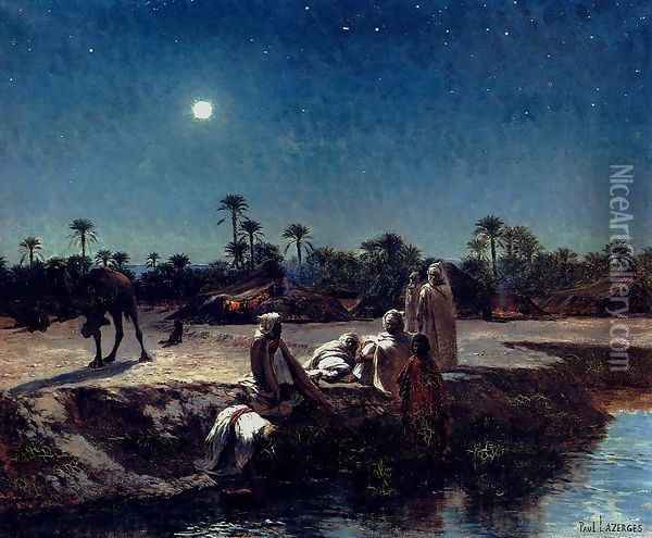 An Arab Encampment By Moonlight Oil Painting - Jean Baptiste Paul Lazerges
