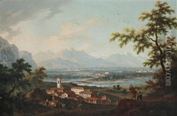 View Of Robassomero With The Stura Di Lanzo In The Background Oil Painting - Angelo Antonio Cignaroli
