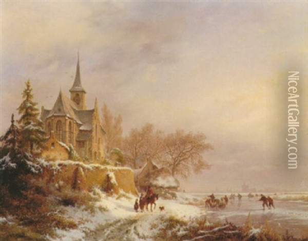 Winter; A Horseman Conversing With A Peasantwoman And       Children On A Snowy Path By A Church... Oil Painting - Frederik Marinus Kruseman