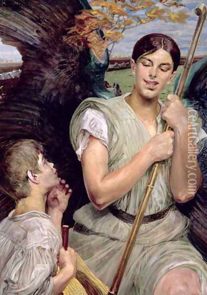 Angel and Shepherd Boy, 1911 Oil Painting - Jacek Malczewski