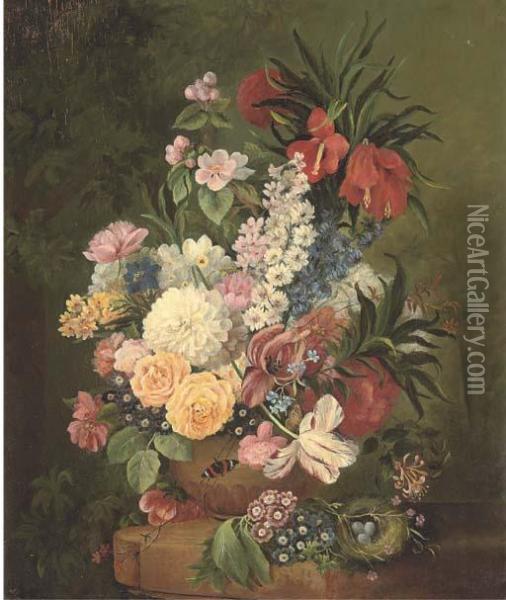 Roses And Other Flowers In A Vase On A Stone Ledge Oil Painting - Jan Van Huysum