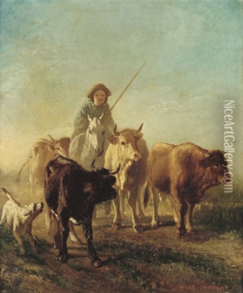 Jeune Garcon Avec Son Chien Et Son Troupeau De Vaches Oil Painting - Jules Contant