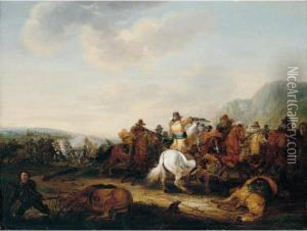 A Skirmish Between Cavalry And Infantry Oil Painting - Palamedes Palamedesz. (Stevaerts, Stevens)