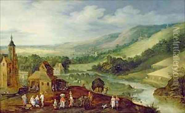 An extensive river landscape with peasants gathering the harvest Oil Painting - J. & Momper, J.de Brueghel