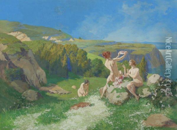 Drei Blumenbindende Frauenakte An Einer Steilkuste Oil Painting - Hans Koberstein