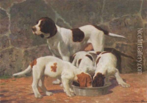 Exterior Med Hund Og Hvalpe Ved Foderskalen Oil Painting - Adolf Heinrich Claus Hansen
