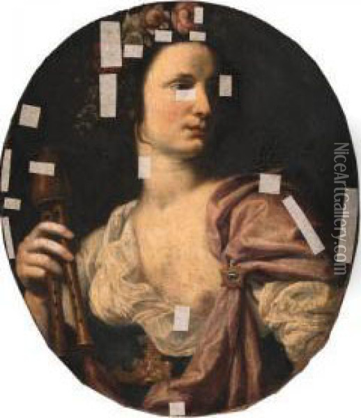 The Muse Euterpe, Bust-length, Holding A Double Clarinet Oil Painting - Lorenzo Lippi