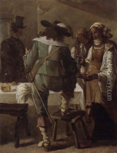 A Cavalryman Having His Palm Read In An Inn Oil Painting - Jacob Jansz (Jan) van Velsen