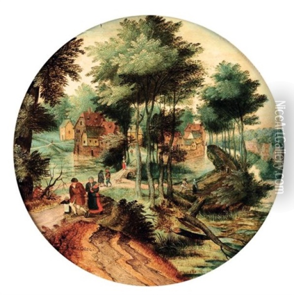Promeneurs Sur Un Chemin Pres D'un Village Oil Painting - Pieter Brueghel the Younger