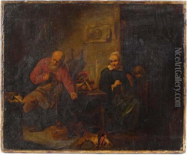 A Cobbler And His Wife In An Interior Oil Painting - David Ryckaert