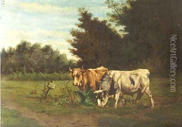 Cows grazing in a meadow Oil Painting - Johannes-Hubertus-Leonardus de Haas