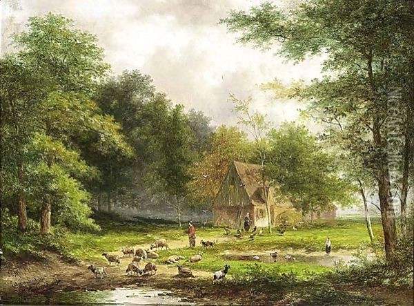 A Shepherd And His Flock In A Wooded Landscape Oil Painting - Jan Evert Morel
