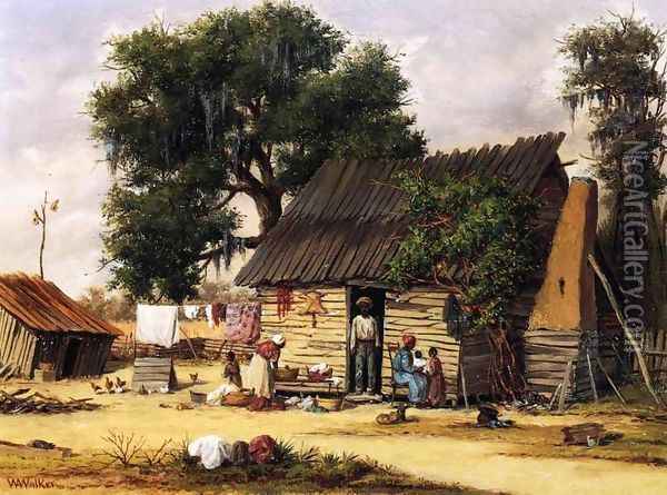 Family Gathered by a Cabin Oil Painting - William Aiken Walker