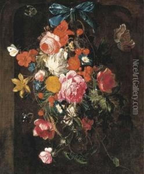 Roses, Peonies, Morning Glories, Tulips, Poppies And Other Flowershanging From A Nail Oil Painting - Cornelis De Heem