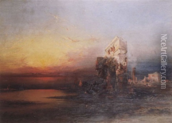 Panoramic Twilight Landscape With Ruins Oil Painting - James Hamilton
