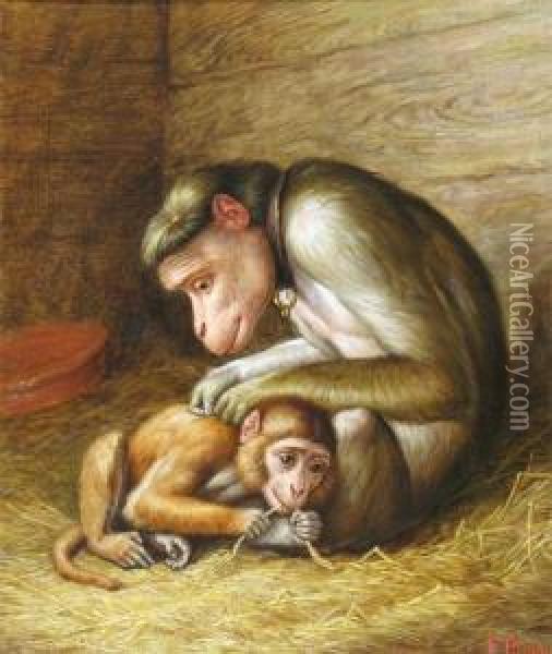 Monkeys In A Barn Oil Painting - Frank Paton