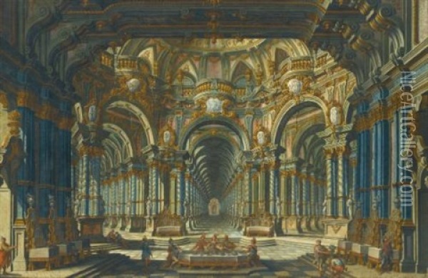A Capriccio Of An Elaborately Decorated Palace Interior With Figures Banqueting, The Cornices Showing Scenes From Mythology Oil Painting - Francesco Galli Bibiena