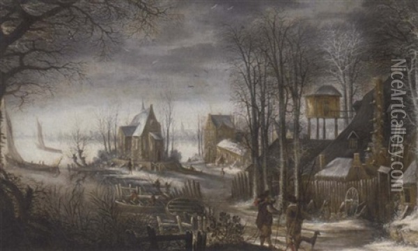 A Winter Landscape With A Village On A Lake Oil Painting - Frans de Momper