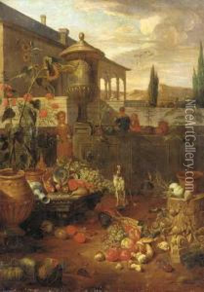 An Italianate Villa And Garden 
With Figures, A Still Life Of Fruit And Vegetables In The Foreground, 
Cypress Trees And Mountains Beyond Oil Painting - Dirk Valkenburg