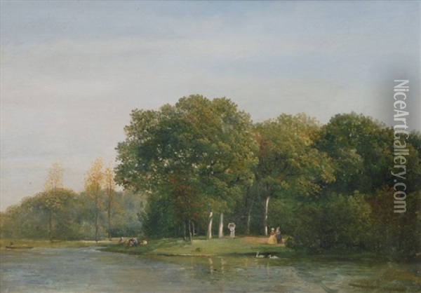 Wooded Waterside With Elegant Party Oil Painting - Julius Jacobus Van De Sande Bakhuyzen