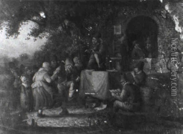 Peasants Dancing Outside A Village Inn Oil Painting - Egbert van Heemskerck the Elder