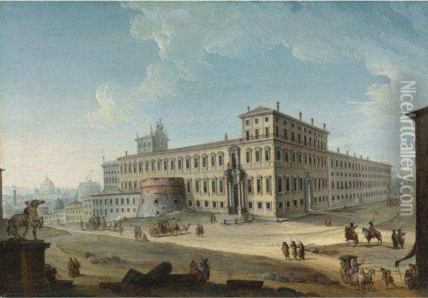 View Of The Piazza Montecavallo With The Palazzo Delquirinale Oil Painting - Antonio Joli