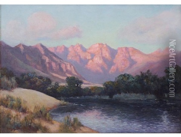 Breede River, Worcester Mountains Beyond Oil Painting - Pieter Hugo Naude