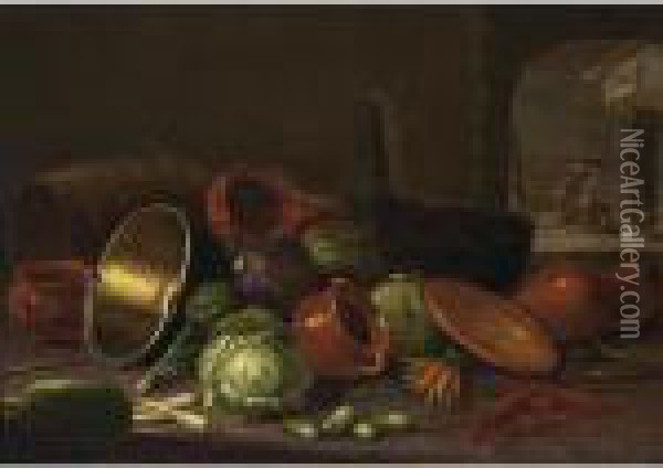 A Still Life With Earthenware 
Pots, A Barrel, Cabbages, Carrots, And Gherkins In The Foreground, 
Figures Near A Fireplace In The Background Oil Painting - Floris Gerritsz. van Schooten