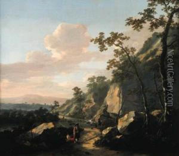 A Rocky Landscape With Travelers On A Path, Fishermen By Awaterfall Beyond. Oil Painting - Jacob De Heusch
